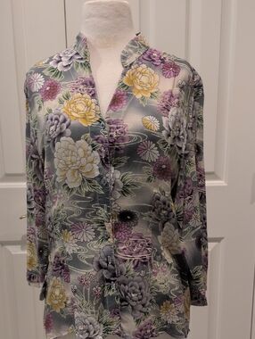 tianello Floral Print Button-Front Women's Blouse - Gray, Purple & Yellow